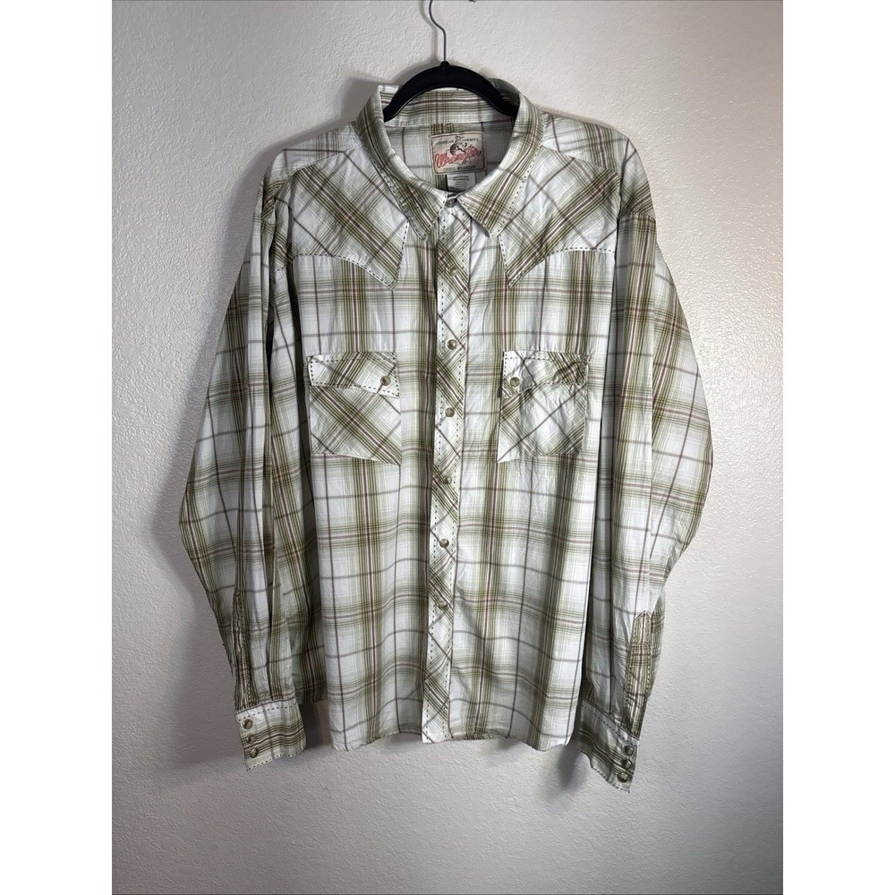 Wrangler Shirt Men 2XL Plaid Cotton Pearl Snap Western Rodeo Ranch Cowboy Green‎